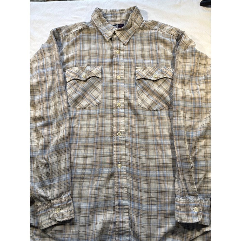 Vintage Levis Plaid Button Down Shirt Mens XL Tan Blue Long Sleeve White Tab
